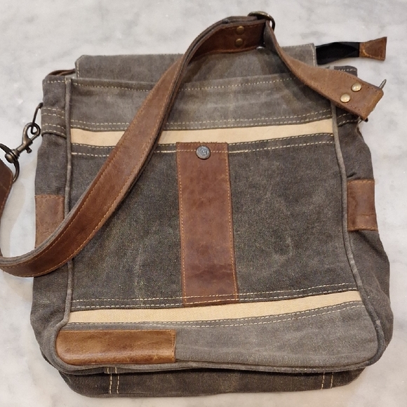 Mona B Recycled Material Canvas Leather Brown Gray Messenger's Bag 11x13 Unisex - Picture 1 of 11